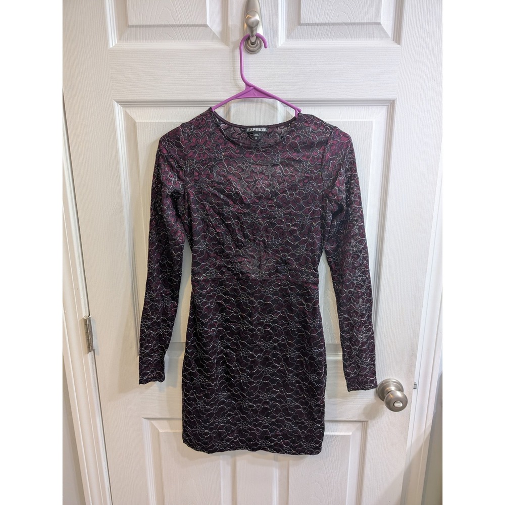 Express Womens Burgundy Black Lace Cutout Long Sleeve Bodycon Dress - Size XS